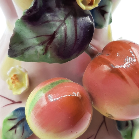 Vintage L'Amour Majolica Apples & Blossoms Pink Pinched Ruffled Top Vase Japan - Picture 9 of 9